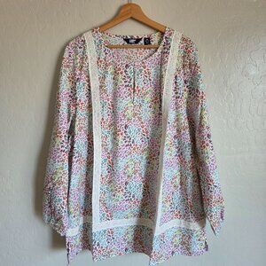 Lands' End Ditsy Floral Eyelet Lace Keyhole Tunic Top Ivory 2X Plus Cottagecore